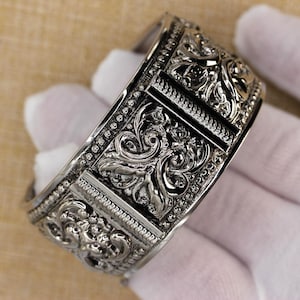 Vintage Silver Tone Hinged Cuff Bracelet - Ornate Scrollwork Wide Bangle