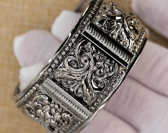 Vintage Silver Tone Hinged Cuff Bracelet - Ornate Scrollwork Wide Bangle