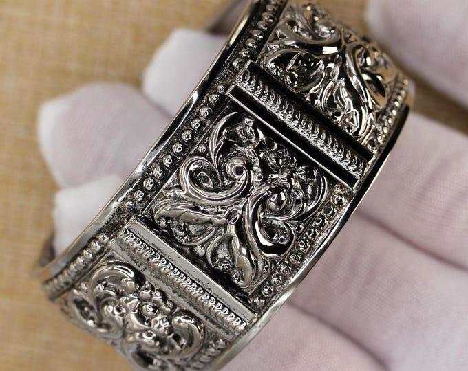 Vintage Silver Tone Hinged Cuff Bracelet - Ornate Scrollwork Wide Bangle