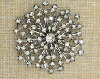 Vintage Atomic Starburst Rhinestone Brooch • Mid Century Modern Snowflake Pin • 2.5 Inch Silver Tone Costume Jewelry • 1960s