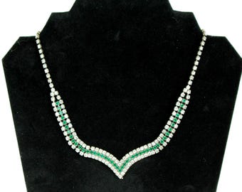 VINTAGE Emerald Green Rhinestone Chevron Necklace • Triple Row Crystal Statement Necklace • Silver Tone Evening Jewelry
