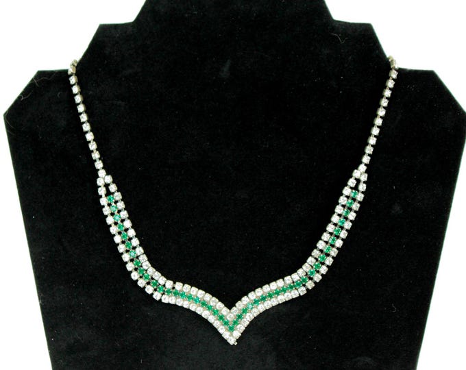 VINTAGE Emerald Green Rhinestone Chevron Necklace • Triple Row Crystal Statement Necklace • Silver Tone Evening Jewelry