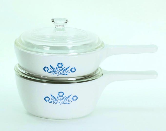 VINTAGE Corning Ware Blue Cornflower Saucepan Pair with Lids – Glossy Finish – Made in USA