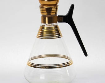 VINTAGE Inland Glass Coffee Carafe Gold Bands Black Handle Cork Stopper 10 Inch Made in USA