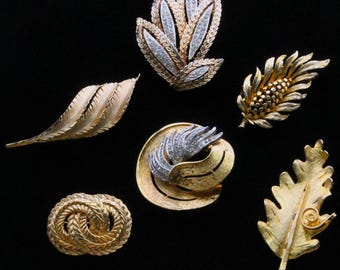 VINTAGE Goldtone and Rhinestone Leaf Motif Brooches.