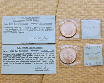 VINTAGE Morgan Silver Dollar Pair 1878 S and 1921 S First and Last Years With Holders and Historical Cards Made in USA