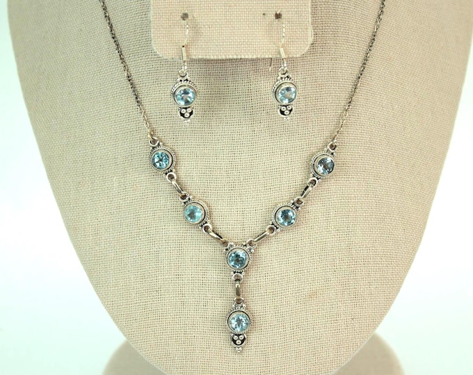 VINTAGE Silver Tone Aquamarine Blue Crystal Necklace & Earrings Set • Y Necklace • Dangle Earrings • Victorian Revival