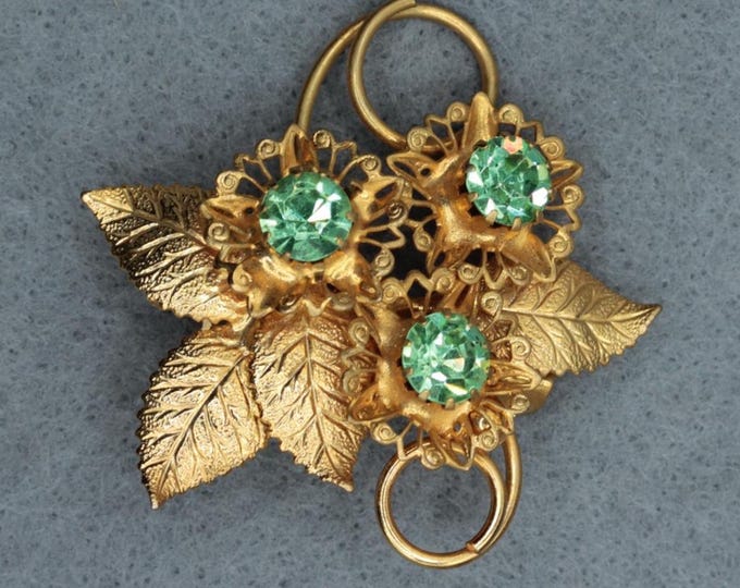Vintage Mint Green Rhinestone Floral Brooch • Gold Tone Filigree Flower Pin • Mid Century Botanical Jewelry