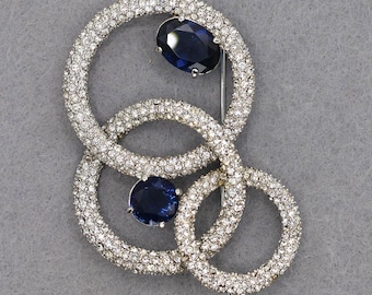 VINTAGE Ellen Tracy Blue Rhinestone Circle Brooch - Silver Tone Modern Pin