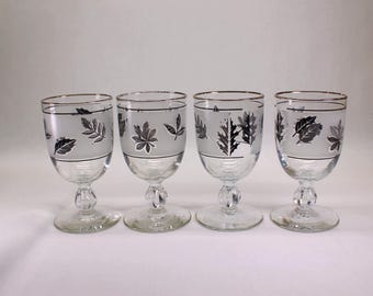 MCM Libbey Silver Leaf Footed Goblets with Silver Trim. Set of 4.