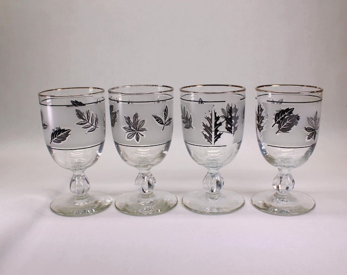 MCM Libbey Silver Leaf Footed Goblets with Silver Trim. Set of 4.