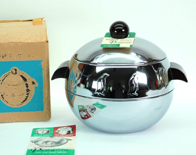 West Bend Penguin Hot Cold Server No. 5055 w Box 2 Qt Ice Bucket Mid Century Modern Chrome Penguin Serveware Vintage Kitchen