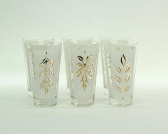 Vintage Mid Century Frosted Highball Glasses Gold Leaf Barware Set of 6