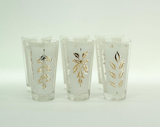 Vintage Mid Century Frosted Highball Glasses Gold Leaf Barware Set of 6