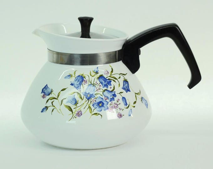 Vintage Corning Ware 6 Cup Teakettle Blue Bell Floral Pattern Pyroceram Tea Pot Made in USA