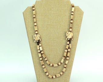VINTAGE . Elephant Double Strand Necklace . Wood & Mixed Materials . World Traveler Jewelry