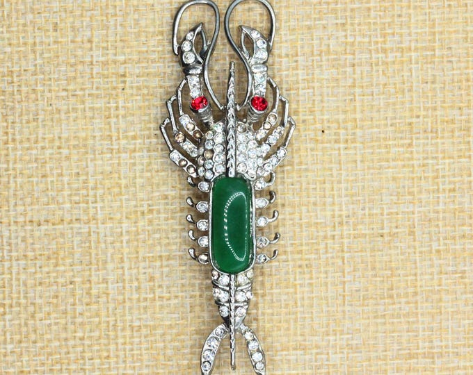VINTAGE Rhinestone Lobster Brooch • Green Cabochon • Red Rhinestone Eyes • Silvertone Figural Coastal Nautical Pin
