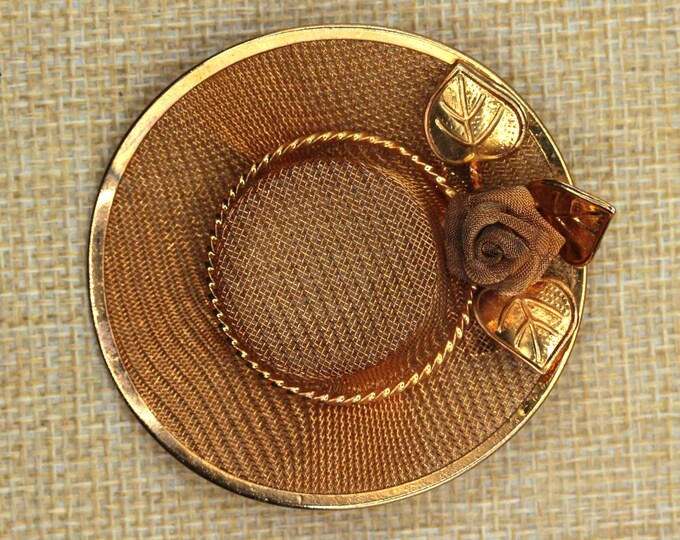 VINTAGE Ladies Hat Brooch • Gold Tone Picture Hat Pin • Mesh Veil & Rose • Mid-Century Fashion Jewelry