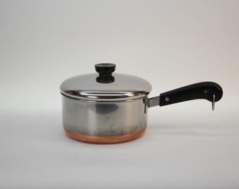 VINTAGE Revere Ware 2 Quart Saucepan with Lid Pre-1968 Copper Bottom Stainless Steel Double Circle Made in USA