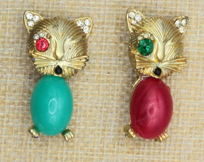 VINTAGE Kitty Brooch • Your Choice • Rhinestone Cat Pin with Colored Cabochon Body • Mid-Century Whimsical Jewelry