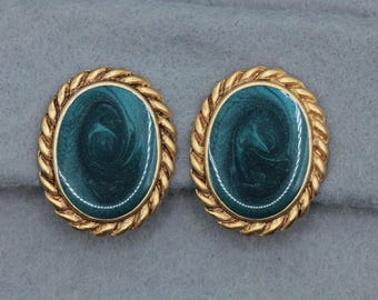 VINTAGE Peacock Teal Enamel Clip On Earrings • Gold Tone Rope Frame • Oval Statement Earrings • 1980s Costume Jewelry