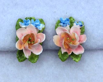 VINTAGE Hand Painted Porcelain Floral Clip On Earrings • Pink Lily Flowers • Cottagecore Garden Jewelry • Romantic Spring Style