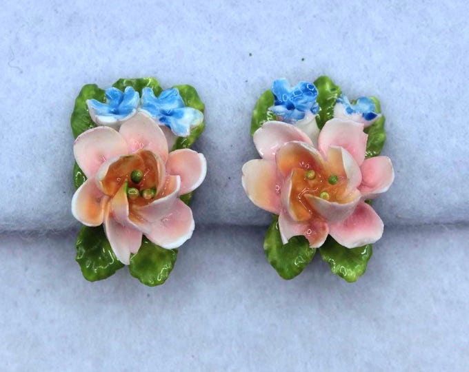 VINTAGE Hand Painted Porcelain Floral Clip On Earrings • Pink Lily Flowers • Cottagecore Garden Jewelry • Romantic Spring Style