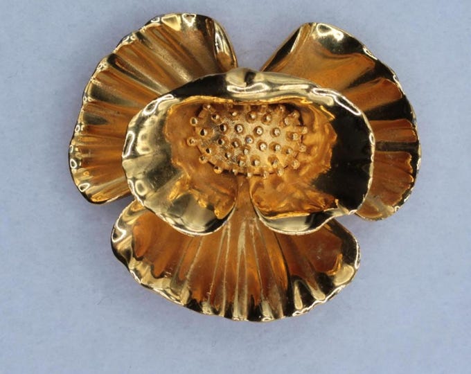 VINTAGE Trifari Goldtone Flower Brooch • Sculptural Floral Pin • Hammered Gold Bloom • Designer Costume Jewelry