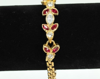 VINTAGE Gold Tone Ruby Red & Clear Rhinestone Bracelet • Marquise Crystal Link Bracelet • Elegant Statement Jewelry • 7.5 Inch