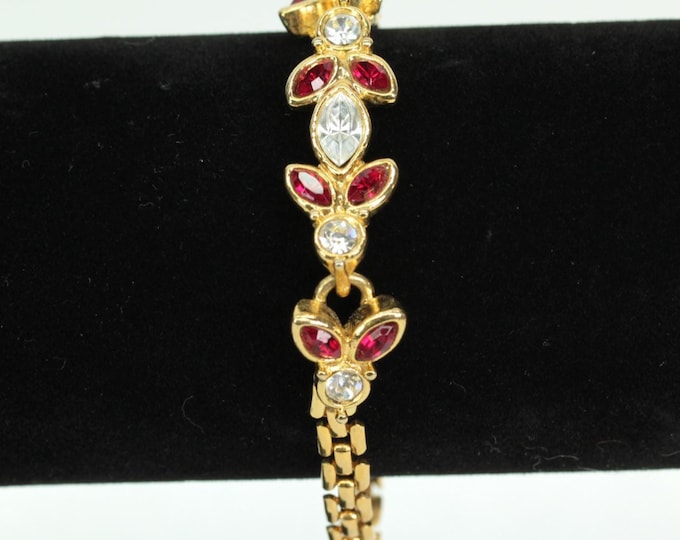 VINTAGE Gold Tone Ruby Red & Clear Rhinestone Bracelet • Marquise Crystal Link Bracelet • Elegant Statement Jewelry • 7.5 Inch