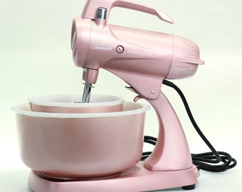 REIMAGINED Sunbeam Mixmaster Model 12 — Reimagined Iridescent Pearl Finish with Coordinating Bowls (1950s)