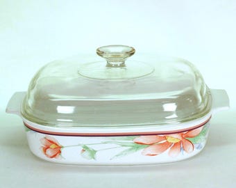 VINTAGE CorningWare Peony Casserole. A-10-B 2.5 Liter Covered Baker. Pink Floral with Glass Lid. 1990s Cookware.