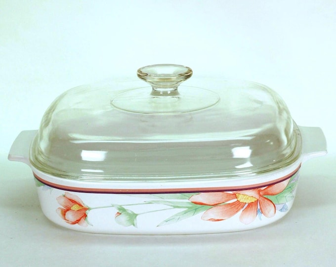 VINTAGE CorningWare Peony Casserole. A-10-B 2.5 Liter Covered Baker. Pink Floral with Glass Lid. 1990s Cookware.
