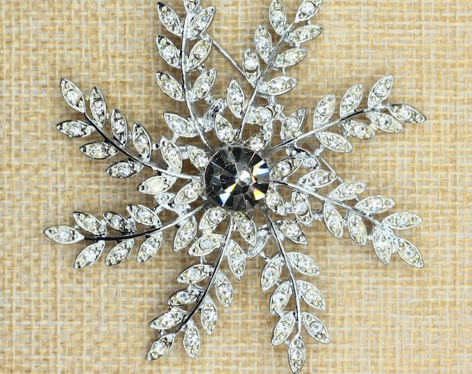 VINTAGE Signed Sarah Coventry Snowflake Brooch • Smoky Topaz & Clear Rhinestone Starburst Pin • Silver Tone