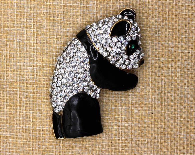 VINTAGE Rhinestone Panda Bear Brooch Black Enamel Emerald Eye Gold Tone Pin