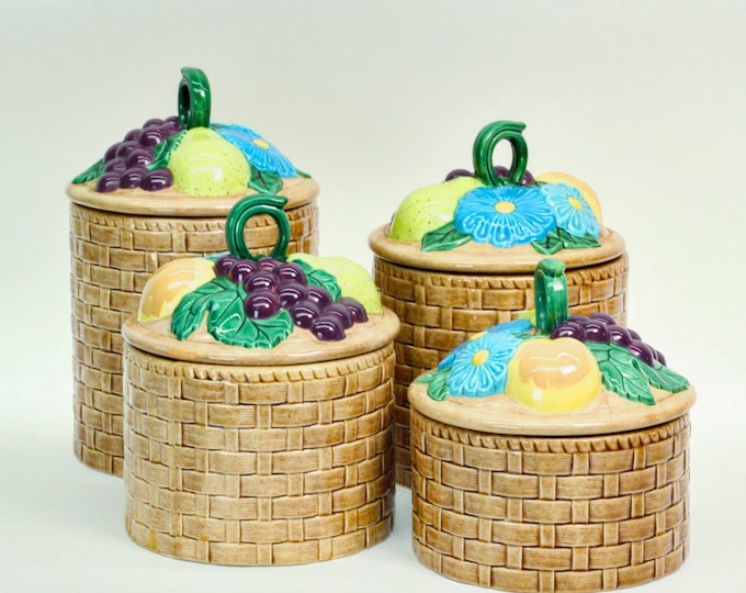 70’s-style Hand-Painted Ceramic Canister Set (4) Basketweave Lids – Grapes Pear Daisy Peach