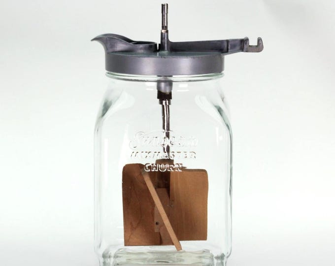 VINTAGE Sunbeam Mixmaster Butter Churn Attachment. Embossed Jar, Wooden Paddles, Rare Strainer Insert.