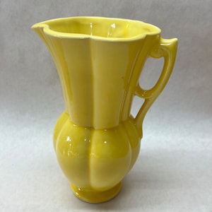 Vintage 1930s Yellow Art Pottery Pitcher Vase: USA Marked Double Handle