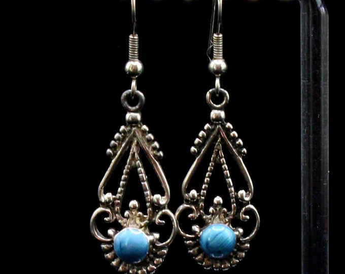 VINTAGE Silver Tone Dangle Earrings. Ornate Filigree With Blue Cabochon.