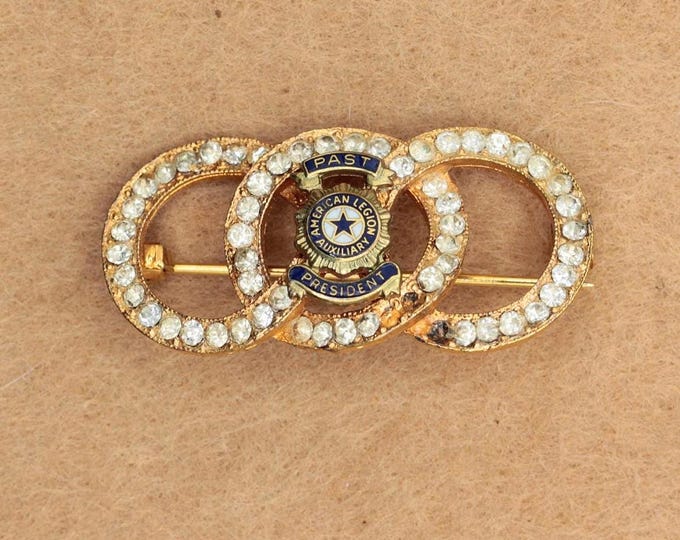 VINTAGE American Legion Auxiliary Past President Rhinestone Brooch • Gold Tone Enamel Pin • Patriotic Fraternal Jewelry