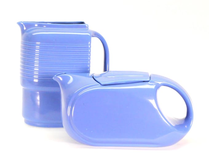 Vintage Hall China Refrigerator Pitcher: Blue Streamline Westinghouse Horizontal Server with Lid