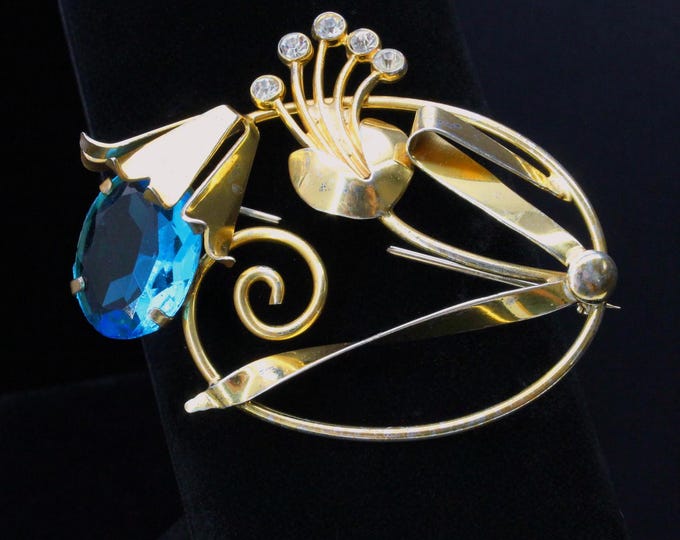 VINTAGE Gold-over-sterling Brooch with Aquamarine Rhinestone