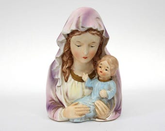 VINTAGE Napcoware Madonna and Child Planter R-7075 Lavender Blue Ceramic Virgin Mary Baby Jesus