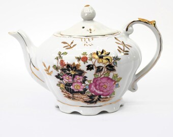 VINTAGE Musical Teapot Tea for Two Floral Gold Trim Working Wind Up Music Box Grandma Core Made in Japan