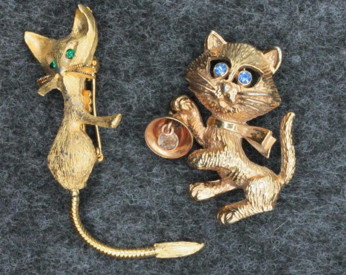 VINTAGE Whimsical Cat Brooch • Your Choice • Moving Tail or Jingle Bell Kitty Pin