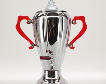 Art Deco Chrome Percolator: La Belle Silver Co., Red Handles, Restored