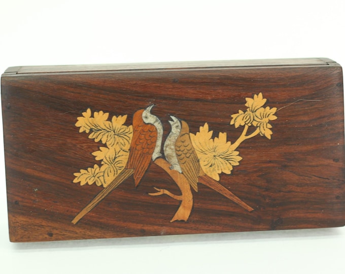 Vintage Walnut Marquetry Jewelry Box – Inlaid Birds Wood Trinket Box – Mid Century Sorrento Style