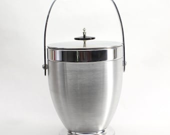 VINTAGE Kromex Deluxe Frigitor Ice Bucket 777-17. With Original Box. Mid-Century Modern Barware. Brushed Aluminum with Handle & Lid.