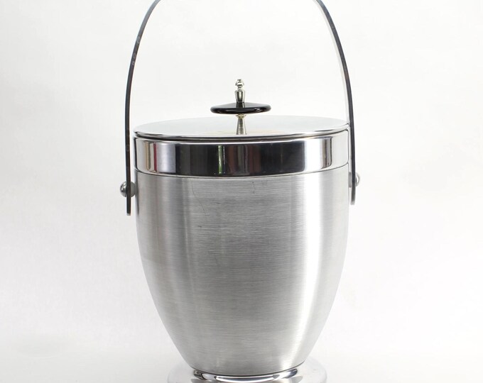VINTAGE Kromex Deluxe Frigitor Ice Bucket 777-17. With Original Box. Mid-Century Modern Barware. Brushed Aluminum with Handle & Lid.