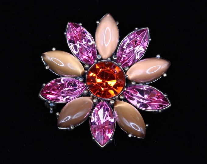 VINTAGE Rhinestone Flower Brooch Pink and Orange Mid Century Costume Jewelry